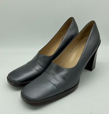 Vintage Gucci Leather Pumps US 9 B Silver Square Toe Block Chunky Heels