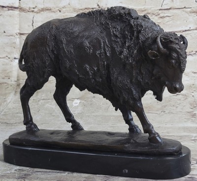 Buffalo Bison Western Bronze Auf Marmor Statue Skulptur Figur Prairie Dekor