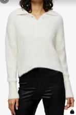 Topshop Ivory Fuzzy Knit Sweater Top Polo Collar, Buttons, cropped, boxy Sz S