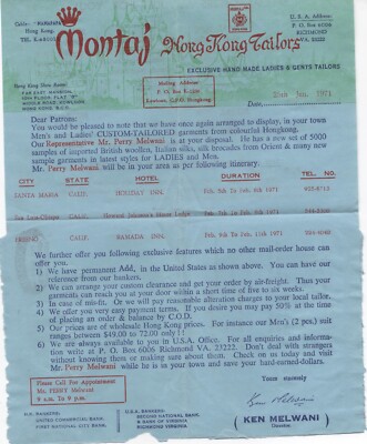 Montaj Hong Kong Tailors Air Mail Ad 1971 Vintage good shape Ken Melwani