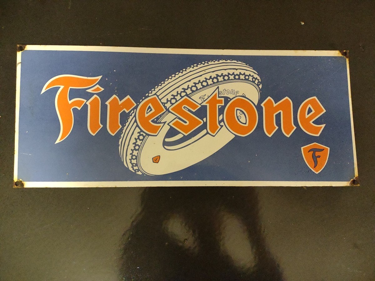 USA Firestoneタイヤ　看板 VINTAGE LARGE FIRESTONE TIRES AUTO ADVERTISING PORCELAIN METAL