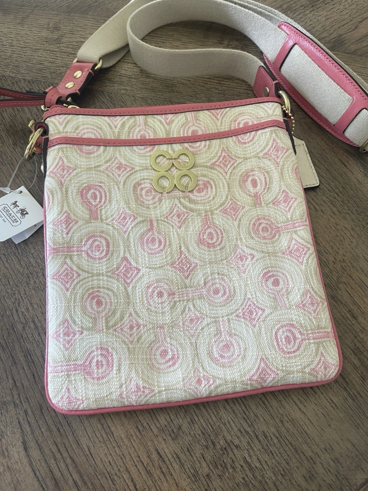 Borsa a tracolla Coach Op Art Audrey rosa corallo crema Swingpack A1173 45572 RARA NUOVA CON ETICHETTE