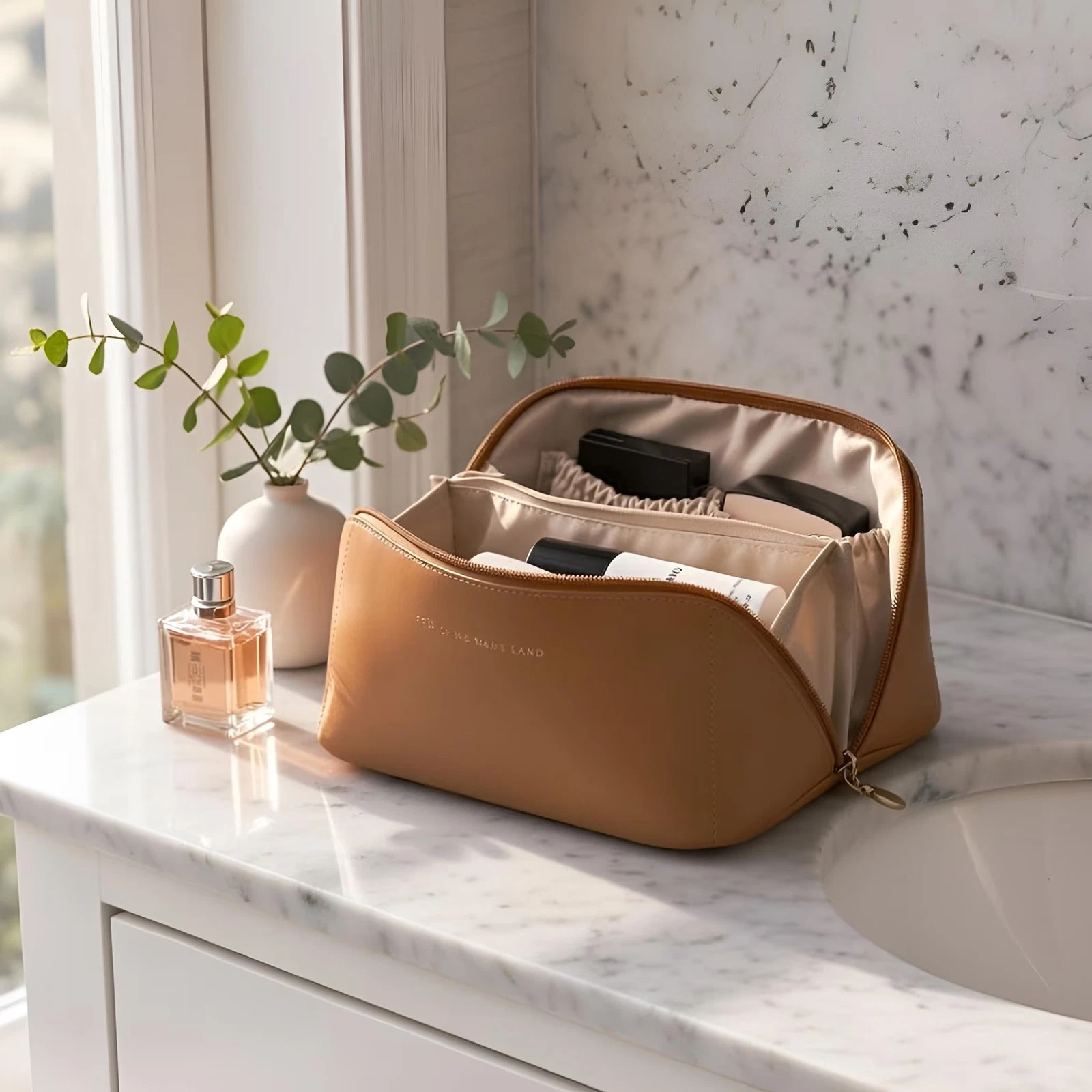 Vegan Leather Travel Makeup Bag | Large Cosmetic Organizer