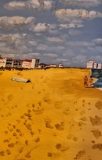 Vintage Naive Original Oil Painting Bright Summer Beach Framed 22"×18"