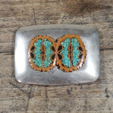 Vintage Turquoise Crushed Inlay Belt Buckle Silver Tone Walnut Western Unique