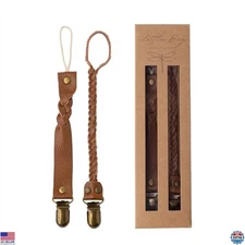 Little Bug Boutique 2-Pack Leather Pacifier Clips - Neutral Baby Holders (Camel)