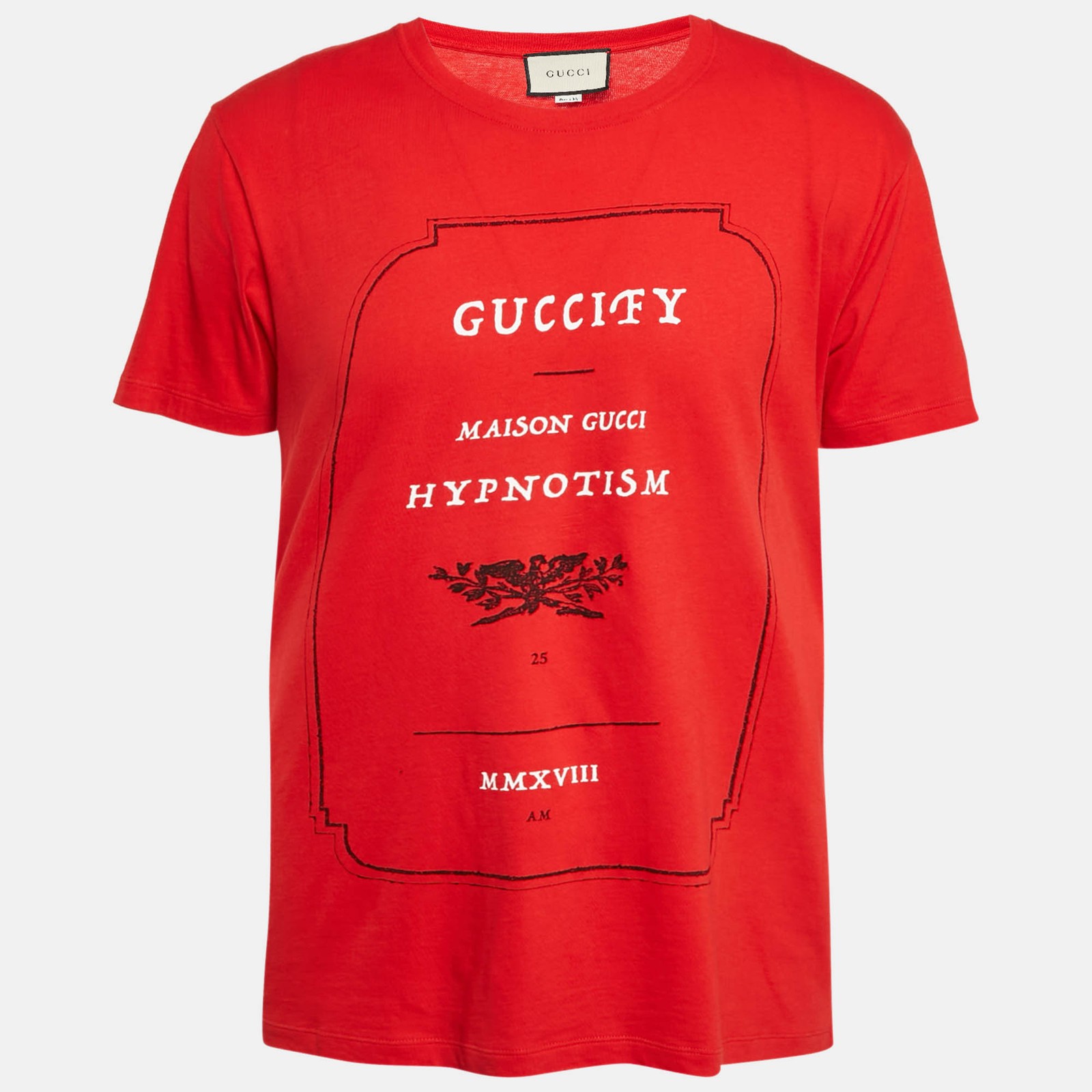 Gucci red crew neck jersey t-shirt with printed logo in size S