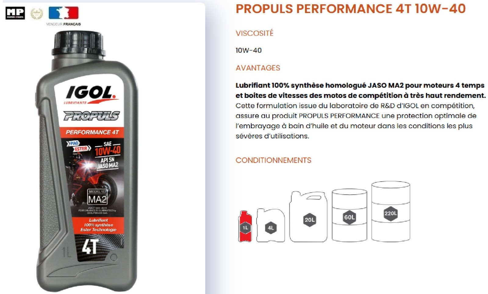 Huile moteur Igol PROPULS PERFORMANCE 4T 10W40 100% Synthèse - 1L