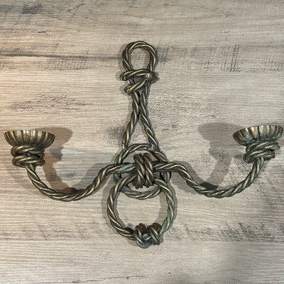 MCM Hollywood Regency Lacquered Brass Patina Twisted Rope Double Candle Sconce