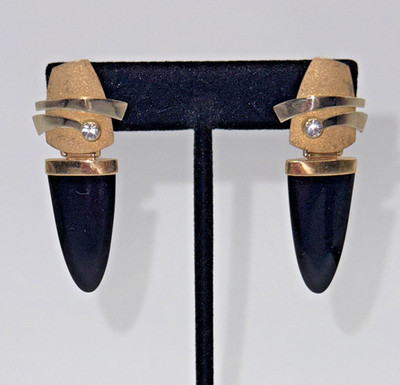 Yellow Gold Onyx & Diamond Dangle Earrings - 14k Matte Triangle Pierced Earrings