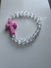 Clear Beaded Stretch Bracelet with Pink Cross "Jesus" Charm | Christian — photo 3