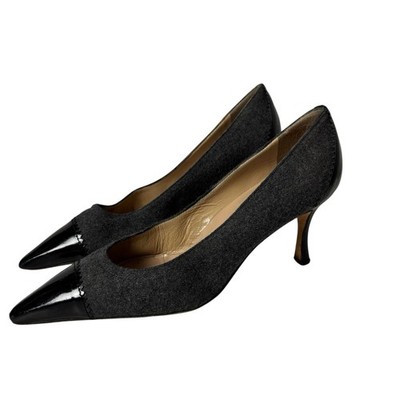 Manolo Blahnik Gray Wool Heels W/ Black Patent Leather Trim, Size US 7 EU 37
