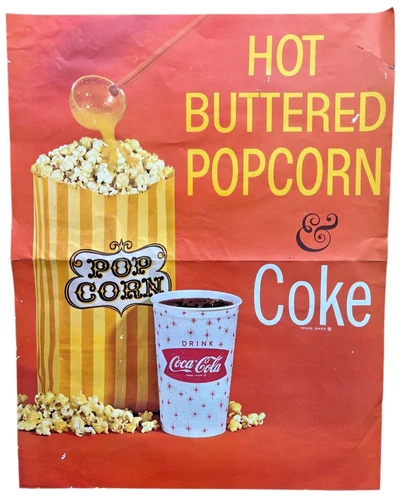 1960's Theater Vintage Coca-Cola PopCorn Advertising Paper Sign USA  28" X 22"