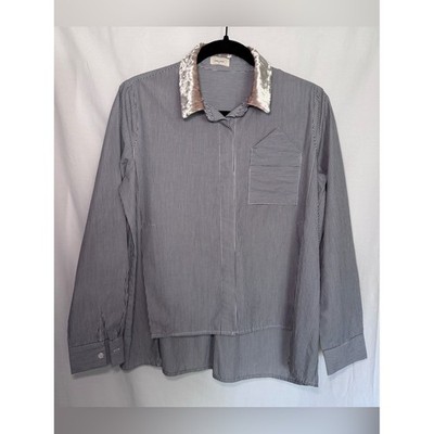 Atelier Evène Paris Striped High-Low Button Down Velvet Collar Blouse