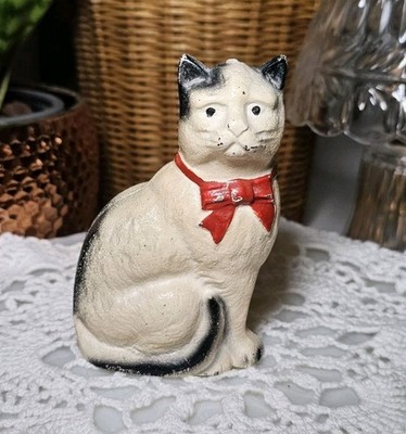 Antique Hubley? Cast Iron Cat W Red Bow 4 1/2  Tall