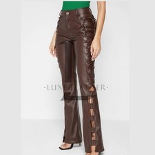 Women Brown High Waist Lambskin Leather Lace Up Design Party Wear Leather Pants