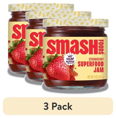 (3 pack) Smash Foods, Strawberry Jam, No Sugar Added, Low-Calorie, Vegan (1 Jar)