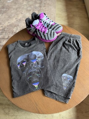 Unisex Gray Skull Graphic 2-Piece Cotton Outfit Set Crew Neck Size XL
