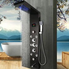Black Shower Panel LED Rainfall Spout Hand Held Sprayer Mixer Massage Jets Tap