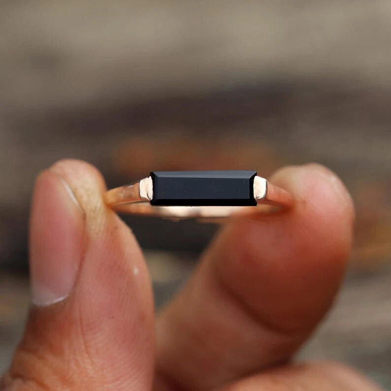 Anel feminino de prata com barra retangular de ônix preto natural anel feminino presenteá-la - Imagem 4 de 4