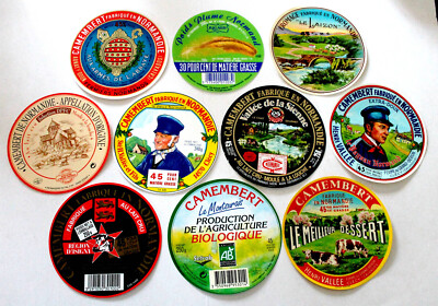 SET 10 ETIKETTEN SCHACHTEL KÄSE CAMEMBERT LIVAROT COULOMIER, NORMAND CHEESE LABEL
