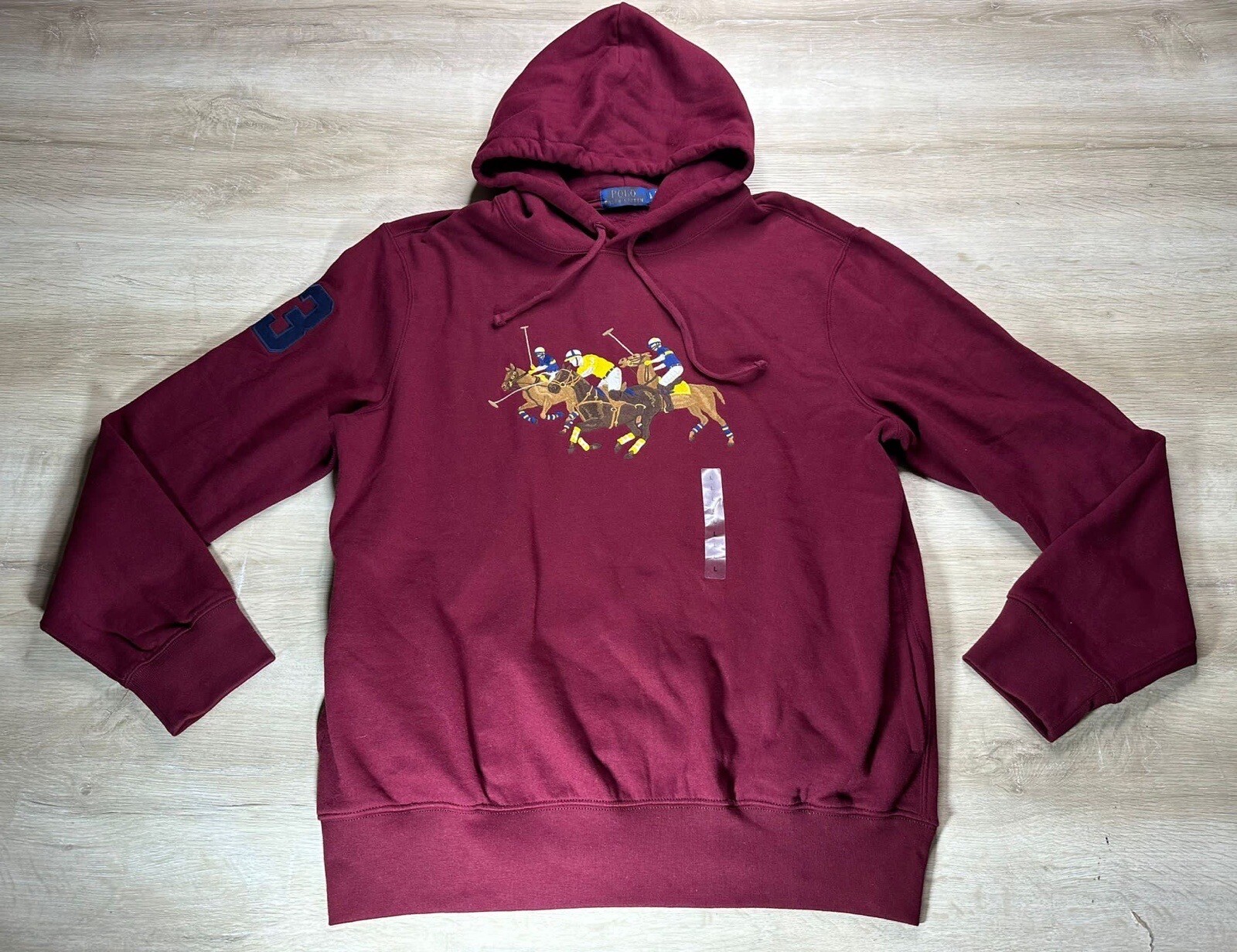 POLO NUOVA SENZA ETICHETTE RALPH LAUREN Uomo Felpa con cappuccio Borgogna L Triplo Pony Grafica Pile