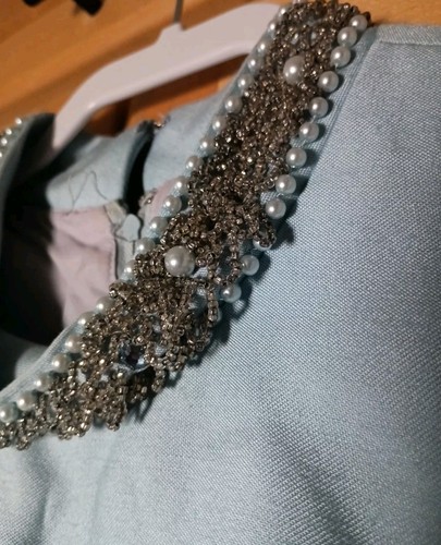 Vintage 60er Jahre Elinor Gay Original blau Schichtkleid mit Jacke Perlen Kragen Gr. Med - Bild 6 von 12