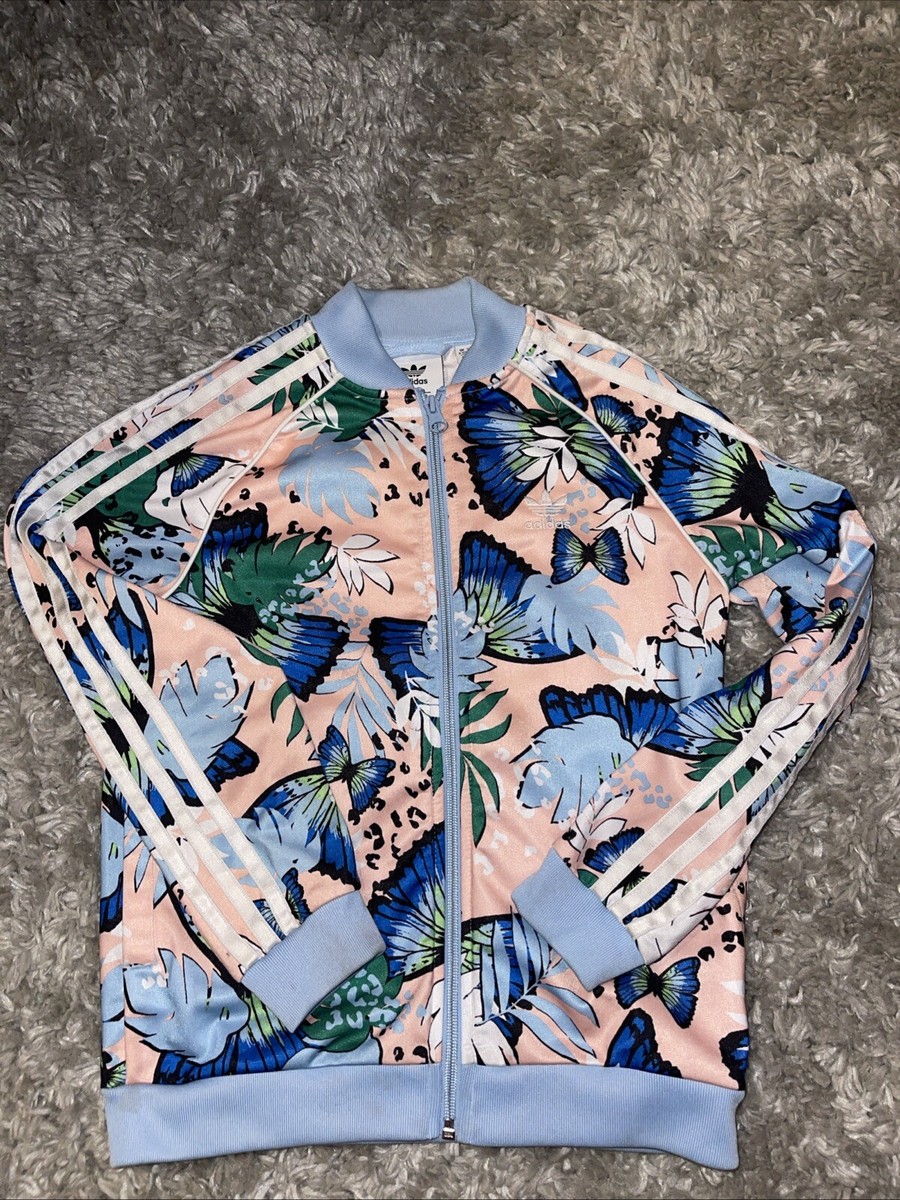 Adidas pink light blue pastel floral butterfly full zip
