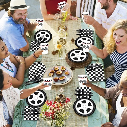 144 PCS Racing Car Birthday Tableware Checkered Plates Cups Napkins 24 - Picture 3 of 7