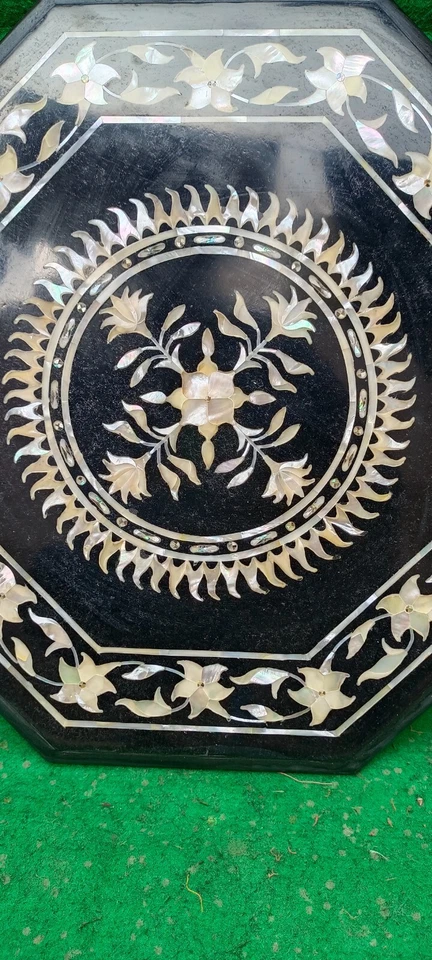 Mesa 100% Original Piedra Incrustación Mármol Negro Diseño Rayos de Sol con Soporte de Madera Foto 3 de 4