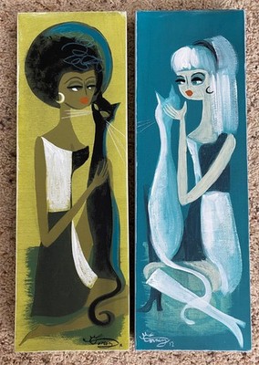 El Gato Gomez Original Art Set of 2 - MCM Girls in B/W with Black Cat White Cat