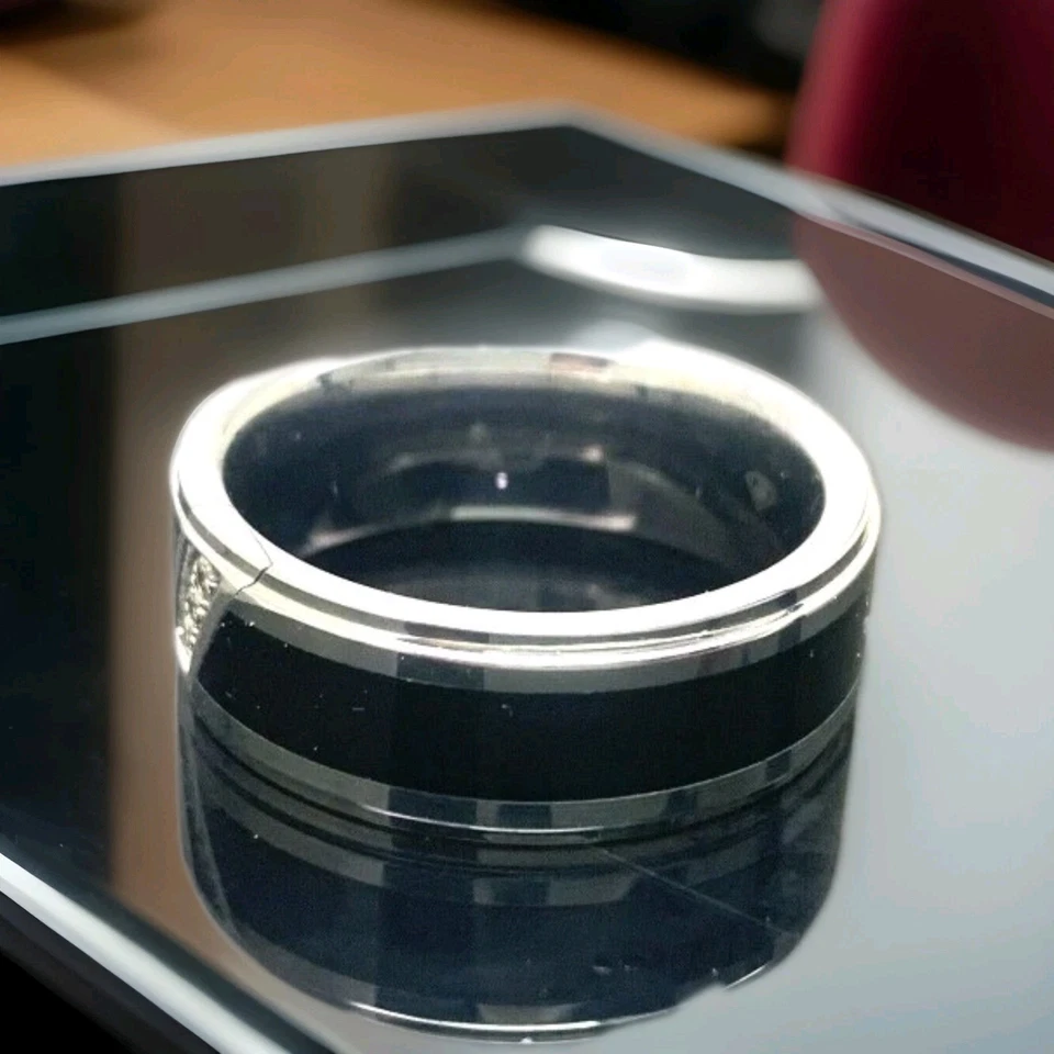 Classy Men's Wedding Band Diamond Black Silver Tungsten Carbide 8mm Ring - Image 4 of 4