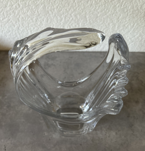 Vintage Art Glass Freeform Crystal Clear Split Handle Dish Basket Vase 10" - Picture 8 of 9