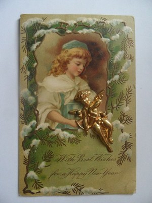 Neuheit: Neujahrspostkarte mit goldenem Amor auf der Vorderseite. Posted 1911.