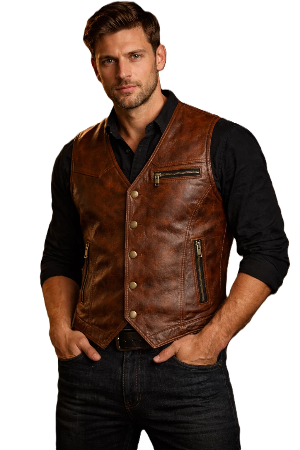 Men’s Brown Cowhide Fashion Waistcoat Vintage Style Real Leather Biker Vest