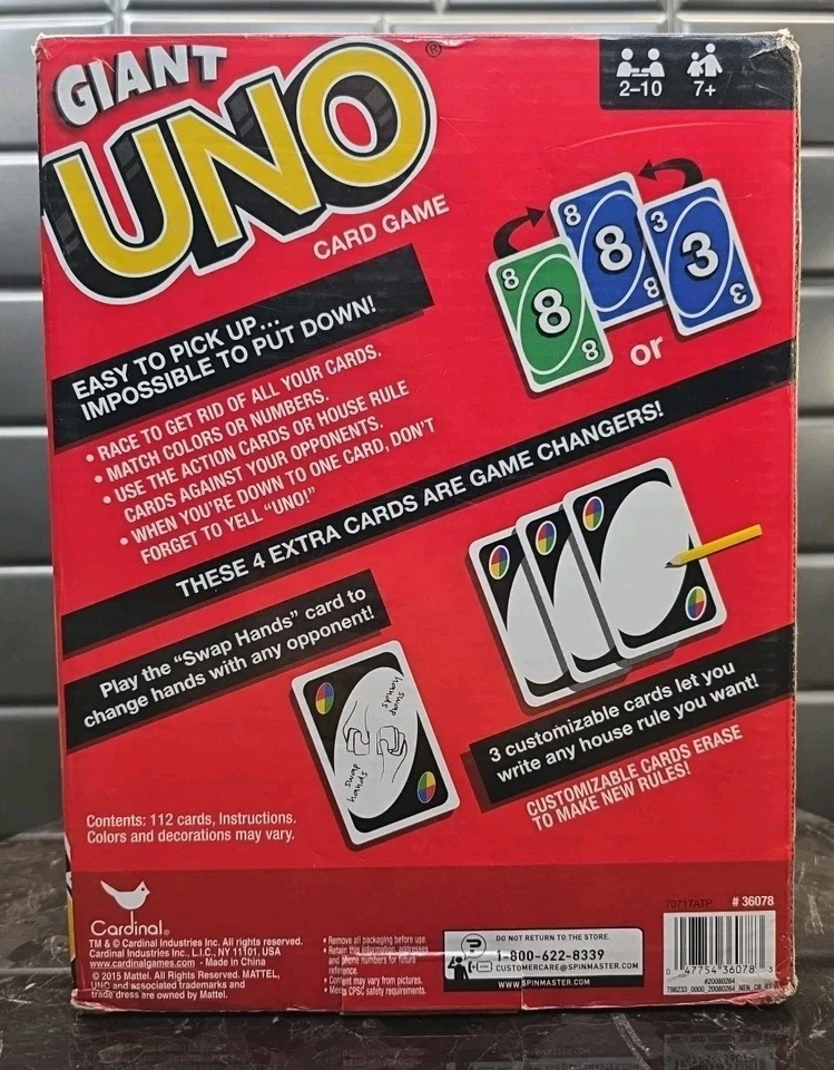Giant Uno Game 36078 7.4×10.1" Cards Customizable 2015 Cardinal No Instructions  - Image 3 of 4