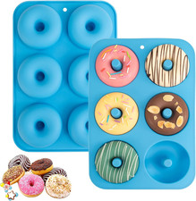 2 Pack Silicone Donut Mold Pan 6 Cavity Nonstick Doughnut Baking Tray Blue