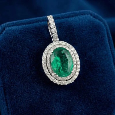 6.30Ct Oval Cut Natural Emerald & Diamond 14K White Gold Luxurious Pendant