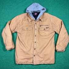Wrangler Workwear Work Jacket Mens Large Hooded Quilted Lined Brown Tan Canvas