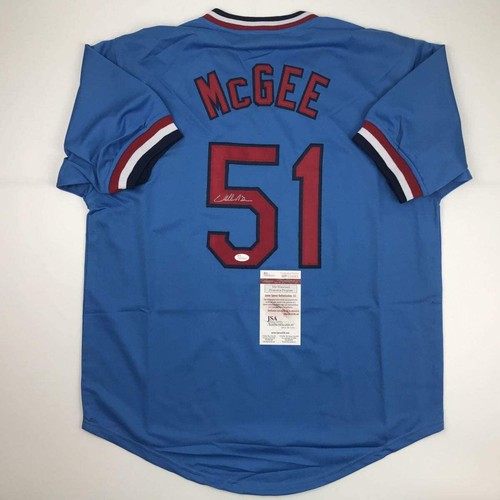 Autographed/Signed WILLIE MCGEE St. Louis Blue Baseball Jersey JSA COA Auto - Picture 1 of 4