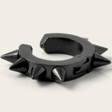 Black Stainless Steel Spiked Huggie Hoop Earrings   Statement Pair