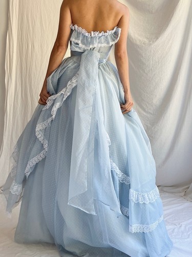 Vintage Victorian Gunne Sax Maxi Dress Sz 13 Prairie blue polka dot lace Stained - Picture 19 of 24