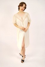 60s Sheer Peignoir L large beige vintage maxi nightgown house dress boudoir