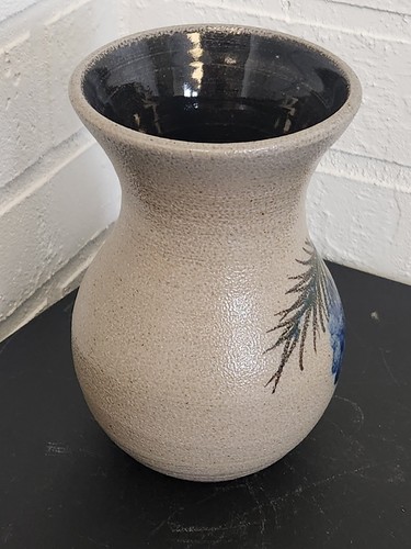 Rowe Pottery Works Salt-Glazed w Blue Pine Cone & Green Pine Branch Bulbous Vase - Picture 2 of 8