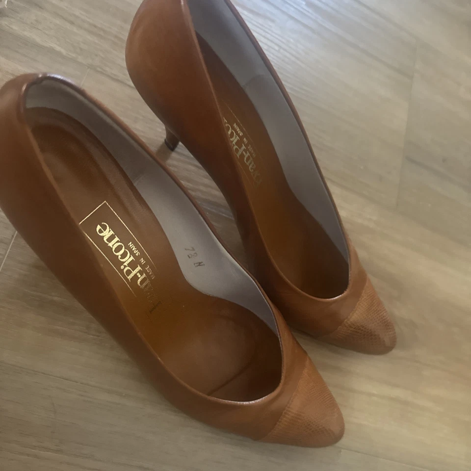 Zapatos de tacón vintage Evan Picone de cuero marrón dorado hechos en España talla 7,5 N Foto 3 de 4