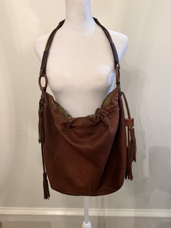 Lucky Brand Brown Leather Hobo Satchel Shoulder Bag Drawstring Tassels