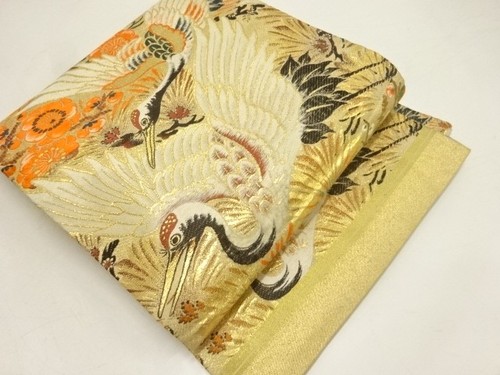 24011# JAPANESE KIMONO / ANTIQUE MARU OBI / WOVEN CRANE & PINE