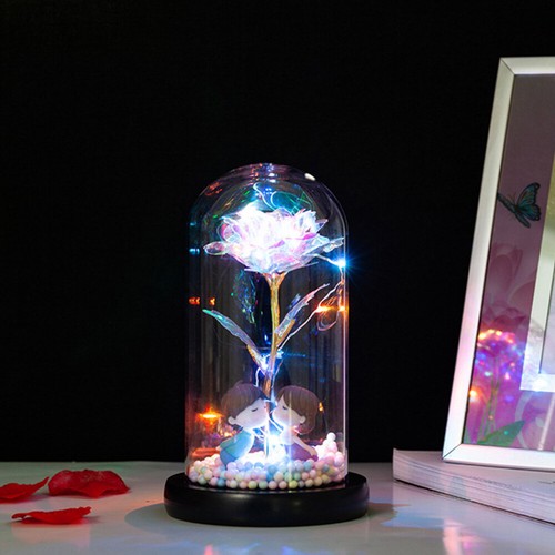 Gold Foil Rose LED Light Artificial Flowers In Glass Dome Lamp Christmas Gift US - Picture 3 of 15