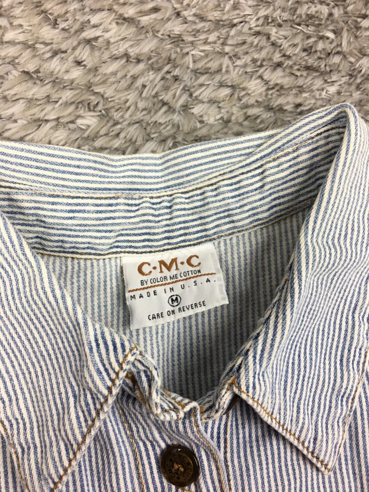 Camisa con botones Color Me algodón CMC para mujer talla mediana corta azul a rayas EE. UU. Foto 4 de 4