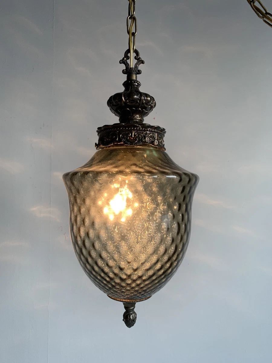 VINTAGE TEXTURED SMOKED GLASS SWAG LAMP MID CENTURY CHANDELIER